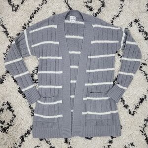 Hippie Rose Soft Gray & White Striped Open Front Cardigan Sweater